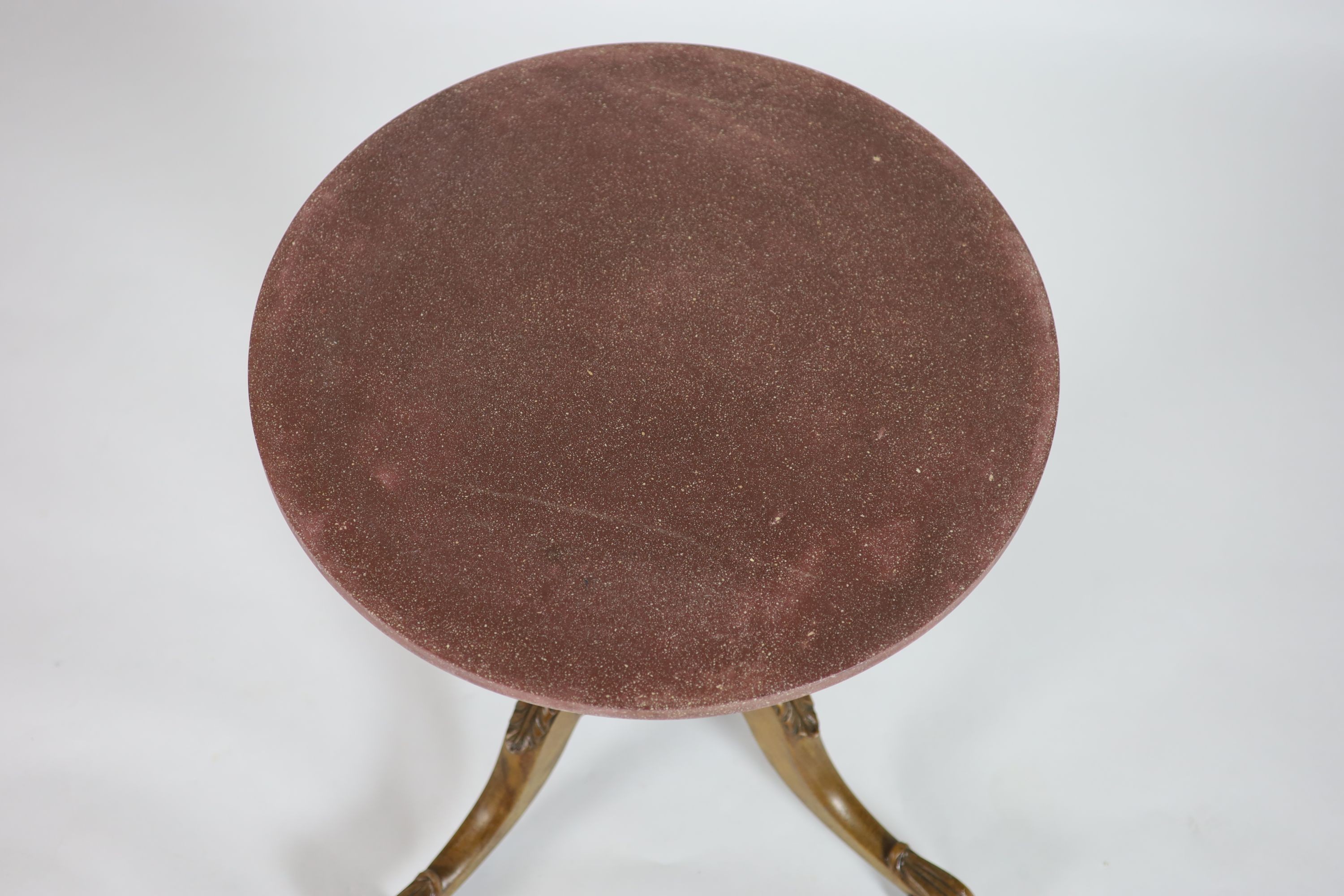 A Victorian scagliola walnut and faux porphyry marble circular centre table, diameter 74cm, height 74cm